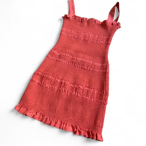 Capulet Smocked Ruffle Mini Dress in Coral – Romantic Summer Sundress (Size S) - Picture 1 of 5
